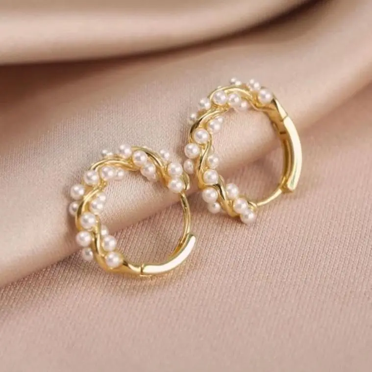 Pearl Embellished Chunky Gold Hoop Earrings for Women, 0.6 Inch Hypoallergenic 925 Silver Casual Jewelry, Gift for Birthday, Wedding, Friend, High Quality Earrings, Graduation, Mother, Daughter, Engagement, Thanksgiving
