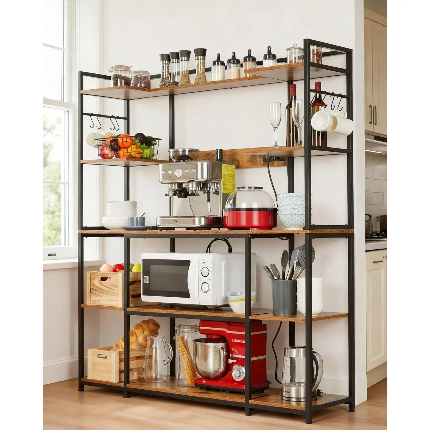 Garvee 4-Tier Kitchen Bakers Rack with Power Outlet – Industrial Coffee Bar Stand, Large Metal & Wood Storage Shelf for Microwave, Spices, Pots – 6 S Hooks Included, Rustic Brown