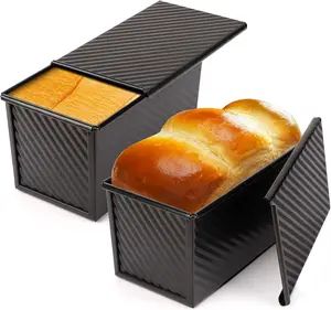 Pullman Loaf Pan with Lid, 2 Pack 1 lb Non-Stick Black Bread Loaf Pans for Homemade Bread Carbon Steel Toast Box with Cover for Bakeware Toast Oven Baking