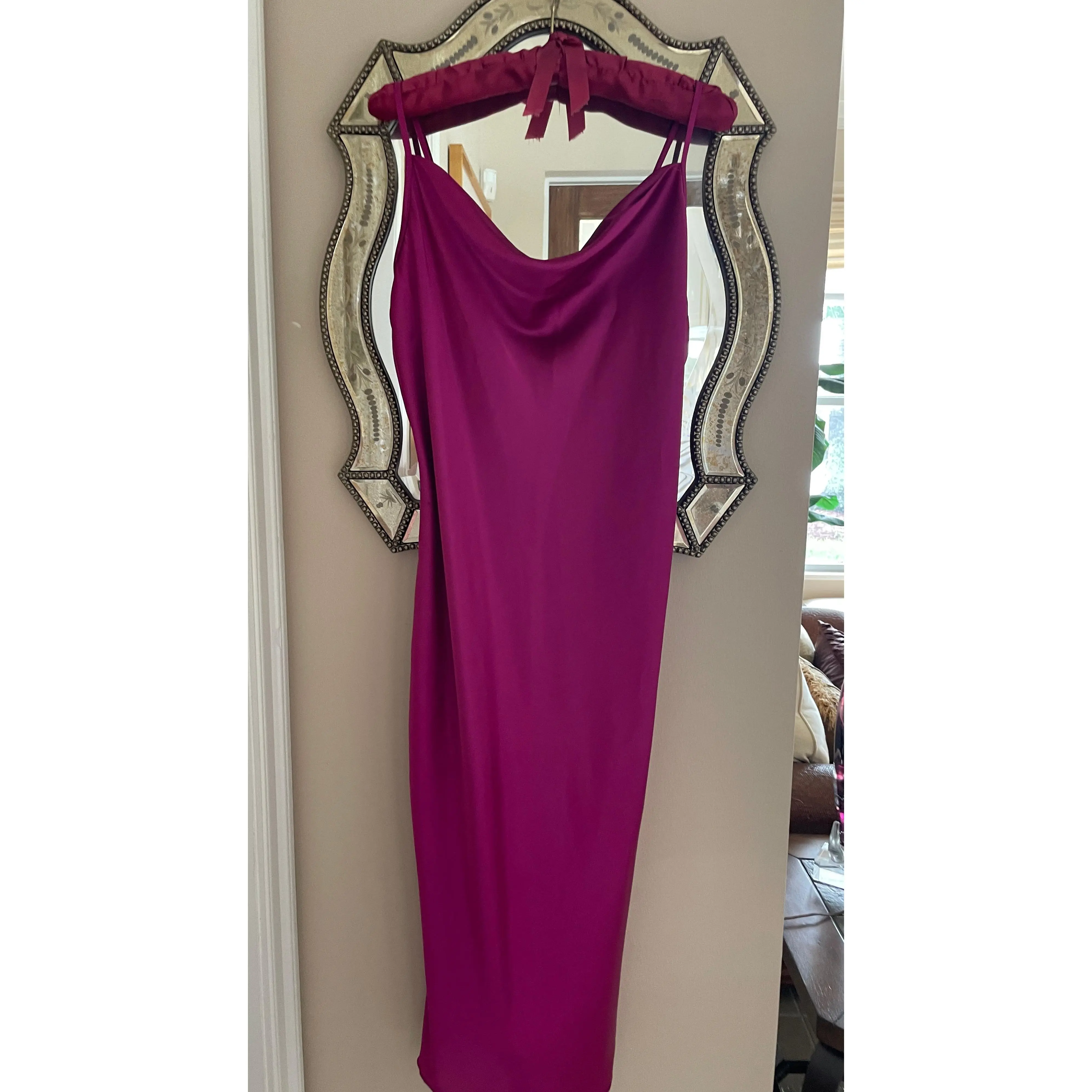 2000s Bebe Sleek Silky Magenta Spaghetti Strap Midi Dress L