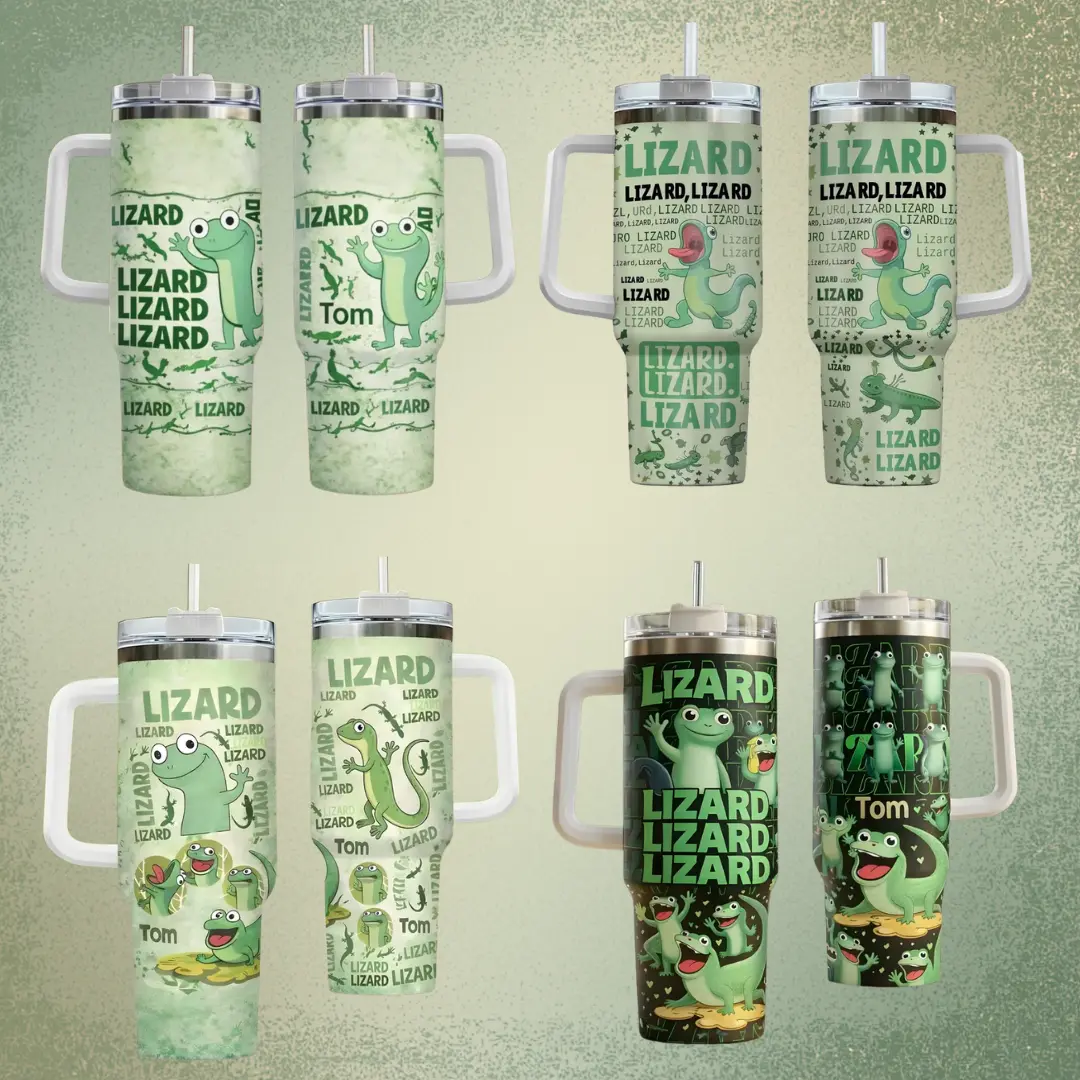 Funny Meme Lizard Tumbler 40oz,  Cute Green Gecko Cartoon Tumbler 40oz with Handle, Birthday Gift Idea