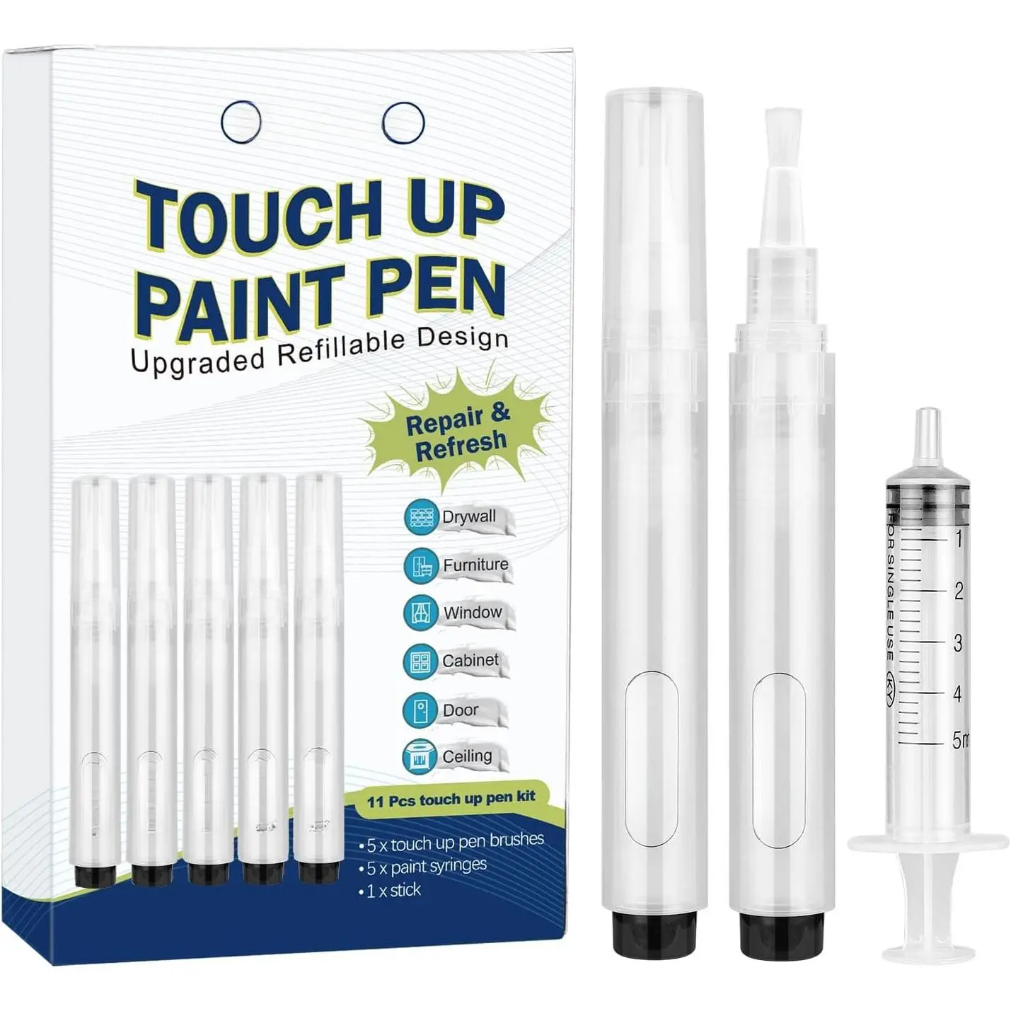 Touch Up  Pen - Fillable Brush Pens 5 count for Drywall Repair, Wall, Furniture, Cabinet,  Floor, Window, 6ML