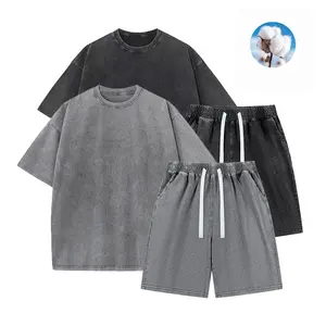 Vintage Washed Cotton Tracksuit 2 Piece Outfit Men Oversized Crew Neck Short Sleeve T-Shirt Elastic Drawstring Waist Baggy Shorts Set Casual Loose Fit Summer Matching Set Streetwear Daily Lounge Co-Ord Outfit