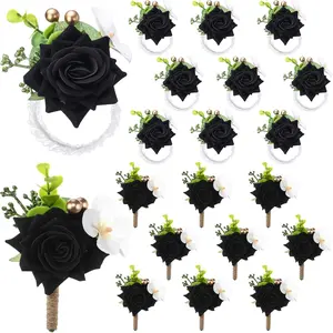 20 Pcs Black Rose Wrist Corsage and Boutonnier Set Wedding Flower Corsage Wristlet Band Bracelet Bridegroom Men's Boutonniere Wristlet Hand Flower for Wedd