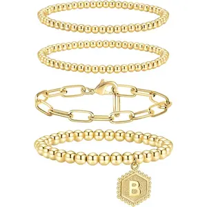 MILACOLATO Beaded Bracelets for Women, Stackable Bracelets for Women Men Stretch Bead Ball Bracelet with Letter Pendant Luxury Jewelry