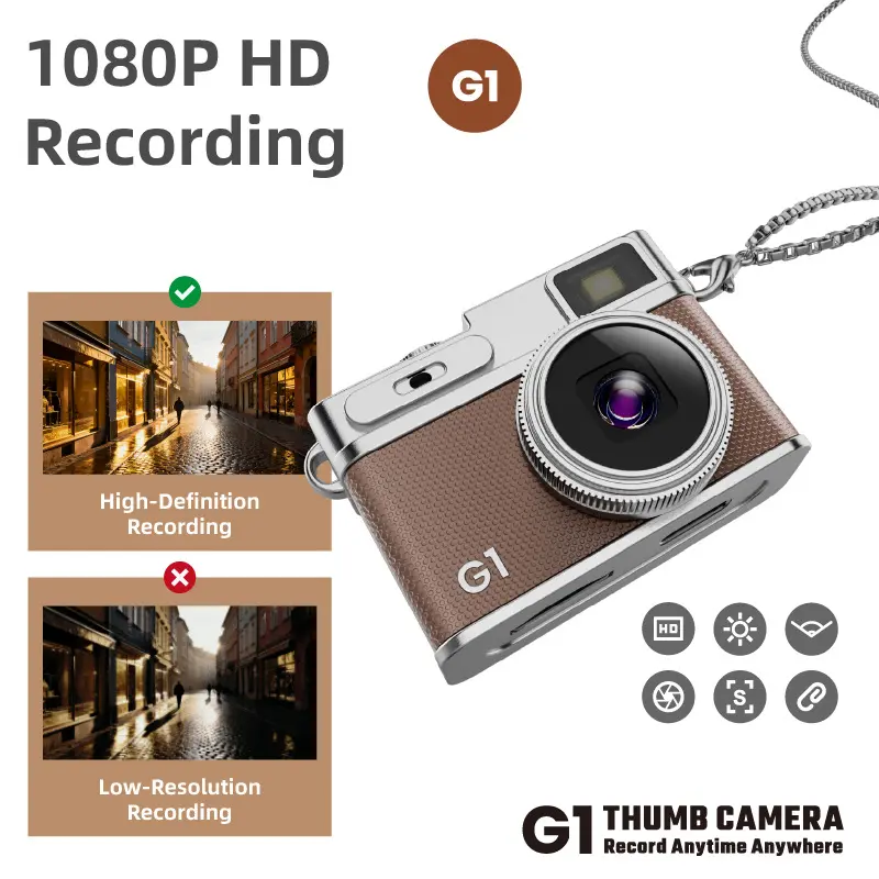 Retro Clip-On Wearable Thumb Digital Camera - 1080P HD Video Recorder, 17g Ultra-Light Portable Camcorder, Long Necklace Chain, IPS Screen, LED Fill Light for Vlogging, Daily Recording (No Memory Card) Video Blog Kit