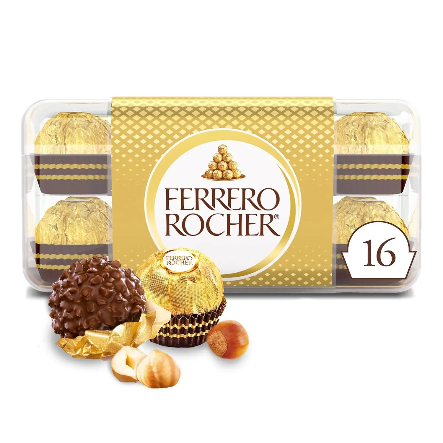 Ferrero Rocher Gourmet Hazelnut Milk Chocolate Gift Box, 16 Individually Wrapped Chocolates, 7 oz
