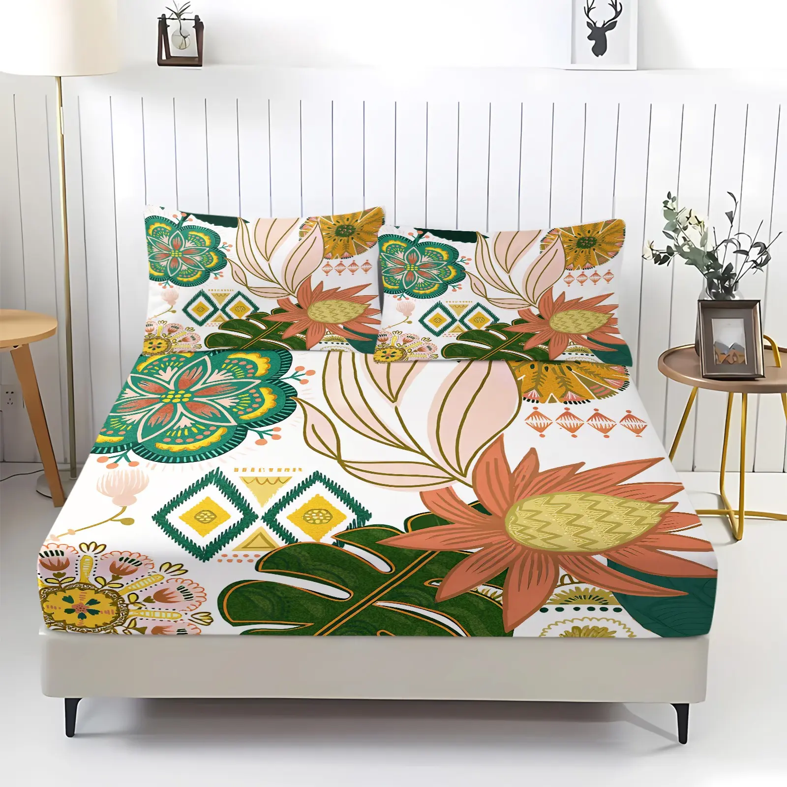 3Pcs Bohemian Tropical Floral Fitted Sheet Set, Boho Folk Art Print Bed Sheet Set, No Fillers Bedding Set for Bedroom, Living Room & Dorm, Soft & Stylish Bedding Decor for All Seasons, Boho Sheets