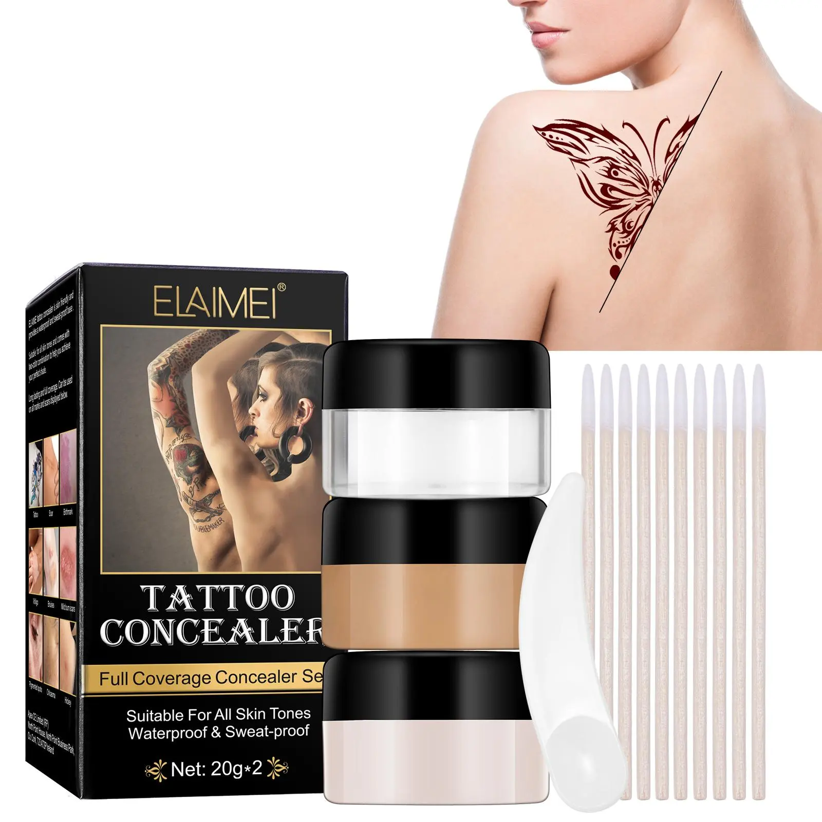 ELAIMEI Tattoo Concealer Coverage features waterproof, sweatproof, and smudge-proof properties. Available in dark and light shades, users can freely blend them to match their skin tone.