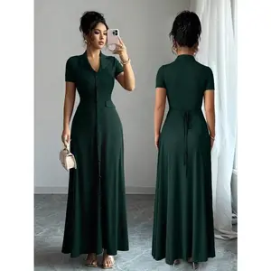 Elegant Commuter Brown Lapel Waist Slimming Button Decor A-Line Back Bowknot Short Sleeve Maxi Dress For Women