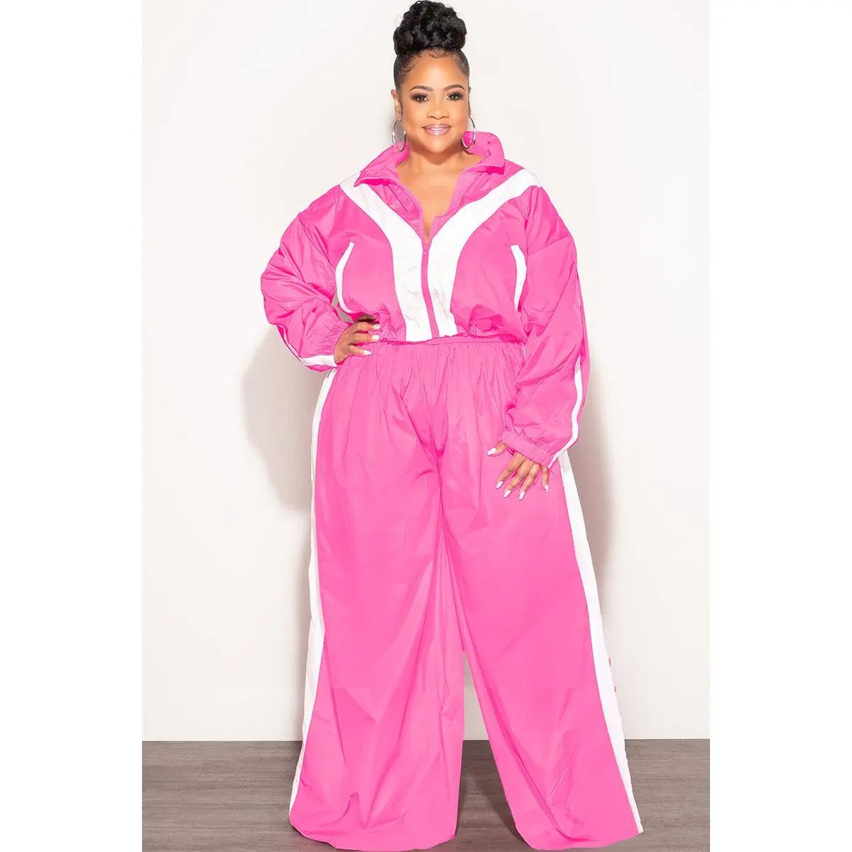 Final Sale Plus Size 2pc Oversized Sporty Color Block Zip-Up Tracksuit Set in Pink and White