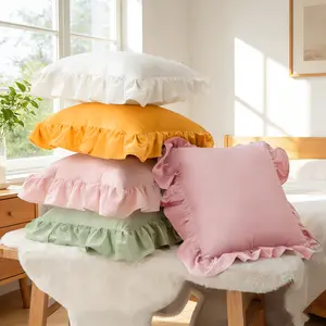 Square Plain Pleated Edge Pillow, Vintage Ruffle Cushion with Filling, Fashion Decorative Pillow, Soft Padded Cushion, Home Decoration, Valentine's Day Gift