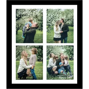 12x16 Picture Frame, 5x7 Collage Frame, Display 4 Pcs 5x7 Photos or 12x16 Picture, Four Opening Collage for Wall Hanging, Lightweight Multi Frame, Black