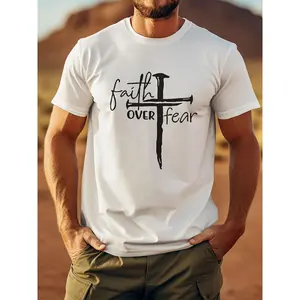 [FAITH OVER FEAR T-Shirt] Comfortable Breathable Short Sleeve T-Shirt - FAITH OVER FEAR Men'S Front Printed Casual Top For Summer, Spring And Fall