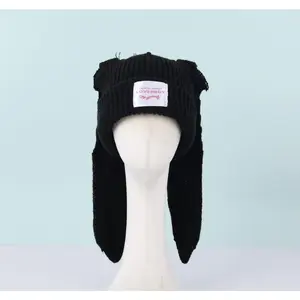 LOVERBOY Cat Ear Knitted Beanie – Cute Autumn/Winter Warm Hat for Women – Korean Style Striped Wool Cap – Soft Trendy Streetwear Knitted Hat