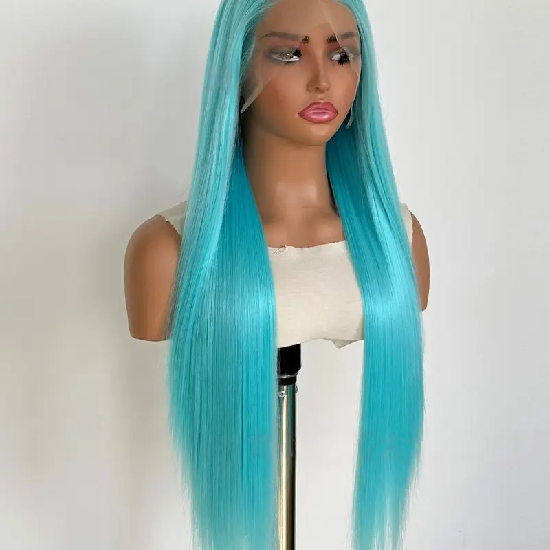 Lake Blue Long Straight Hair Wig, 13x4 Handmade Lace Front wig, Wear and Go 26 Inch Natural Hairline Synthetic Lace Cap for Cosplay, Synthetic Fiber Wig, Synthetic Wigs, Synthetic Soft Wigs, Synthetic Material Wigs