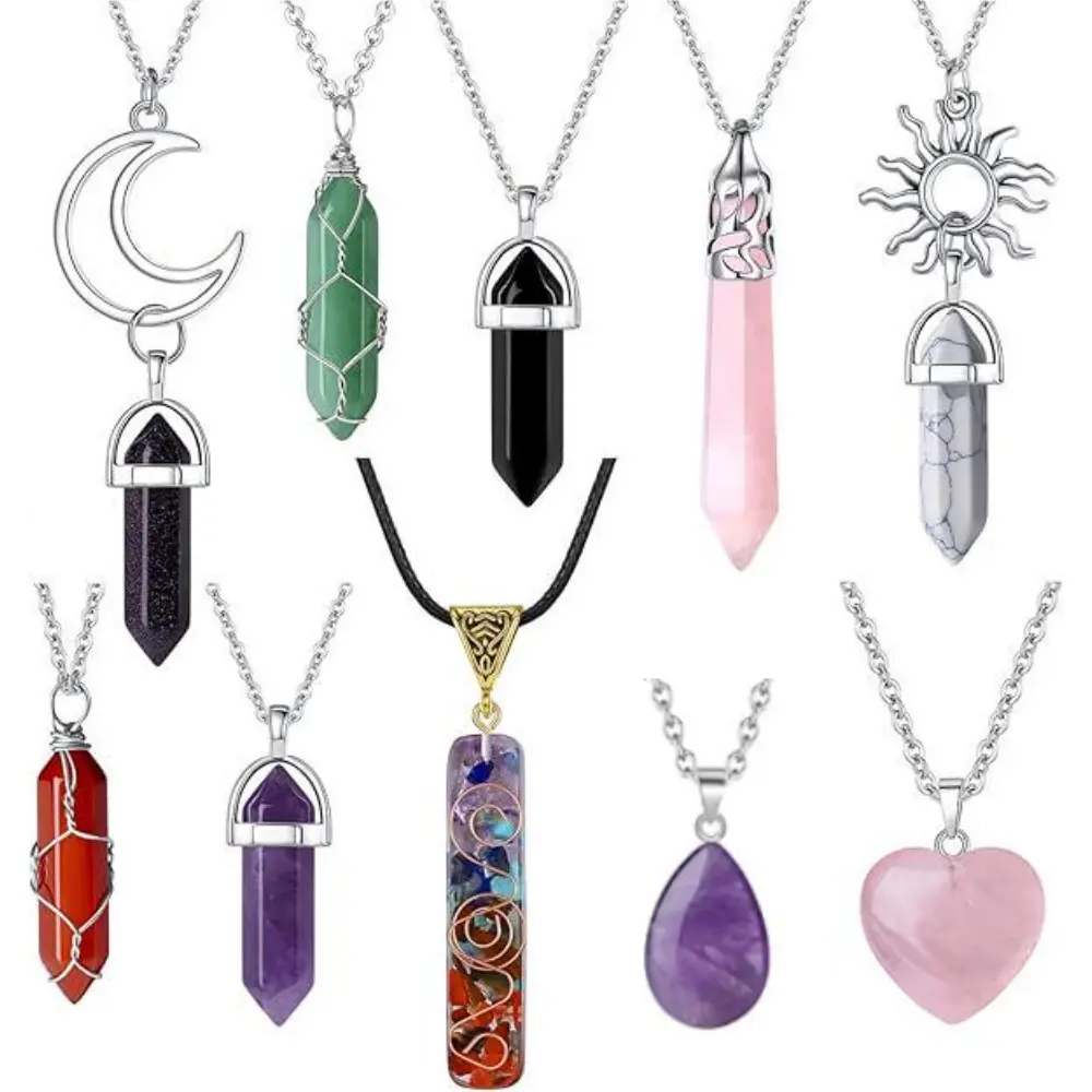 Women's 10-Piece Unscented Chakra Healing Crystal Necklace Set Pack - Amethyst, Carnelian Crystals, Hippie Wear Pendants for Chakra Alignment (Beauty & Personal Care)