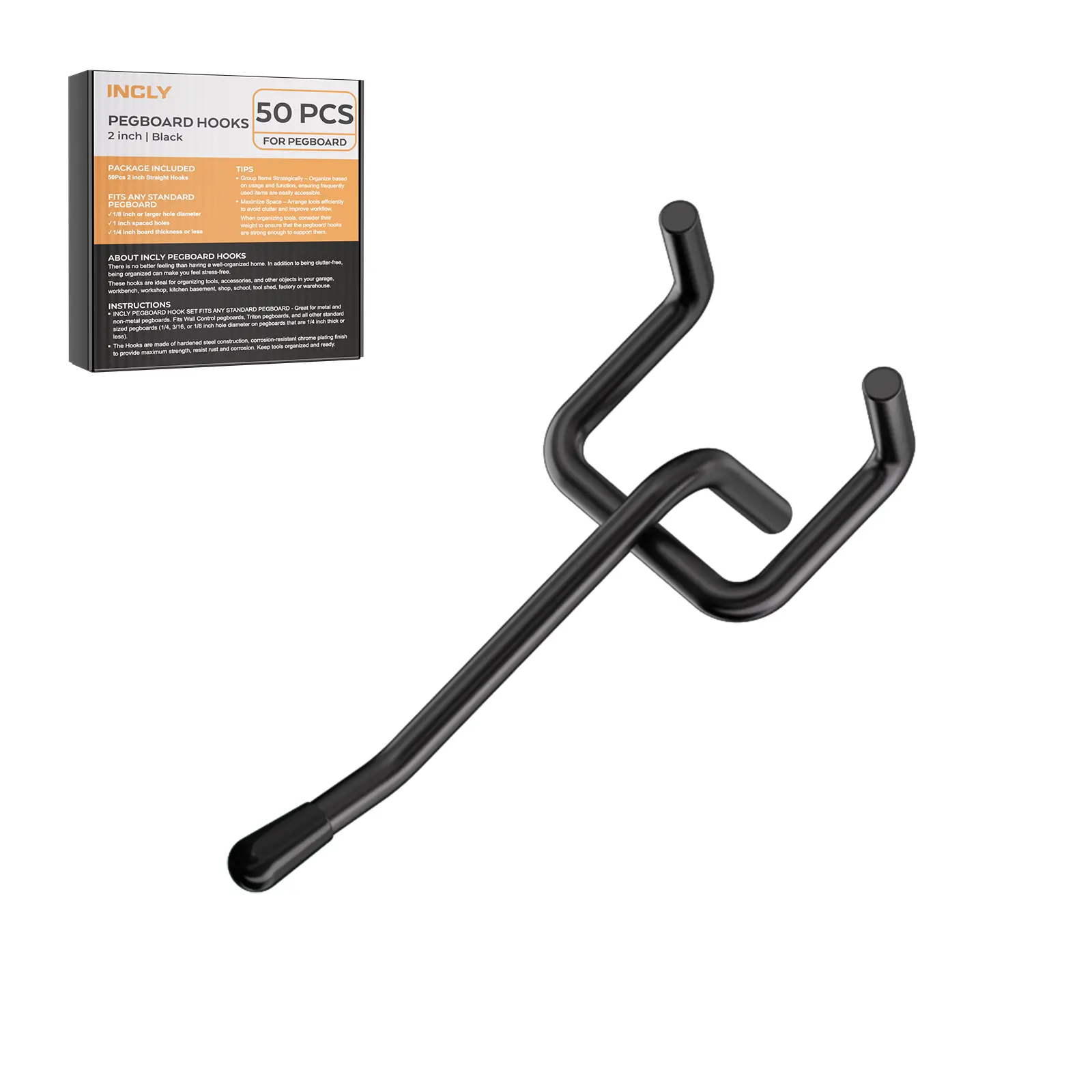 INCLY 50 Pack Black Pegboard Hooks, 2 Inch Peg Board Hooks Accessories Metal Peg Board Tool Hangers, Fit for 1/8'' and 1/4" Pegboard, Hanging Tools for Garage, Craft Room, Kitchen, Store