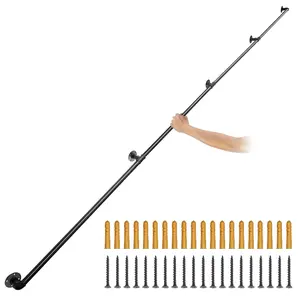 VEVOR Pipe Stair Handrail, 13FT Staircase Handrail, 440LBS Load Capacity Carbon Steel Pipe Handrail, Industrial Pipe Handrail with Wall Mount Support, Round Corner Wall Handrailing for Indoor, Outdoor