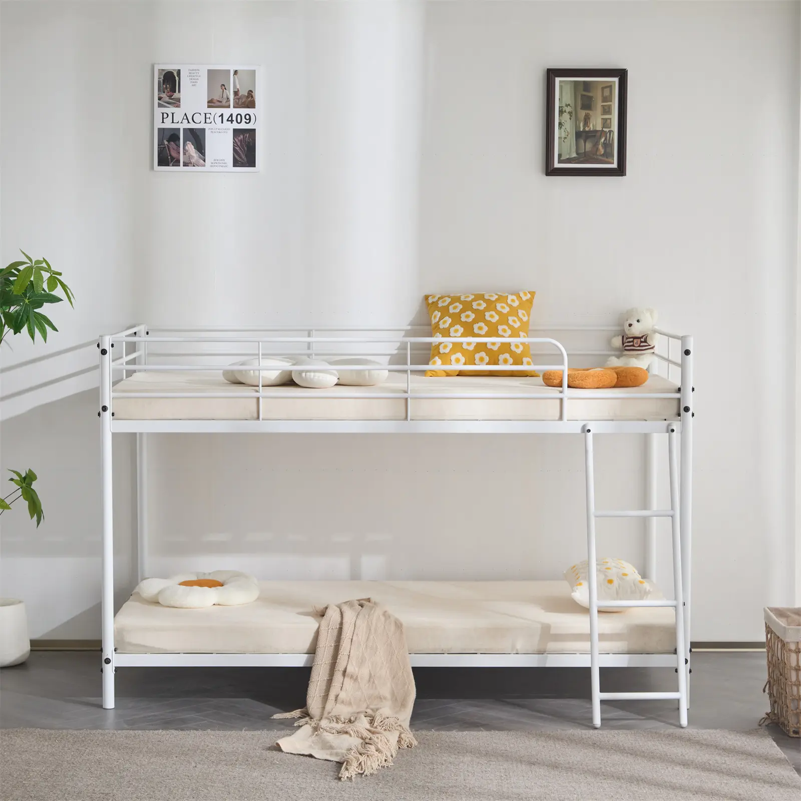 Contemporary Twin Size Metal Bed Frame with Ladder, Full-Length Guard Rails, Heavy-Duty Design for Kids, White Indoor Furniture Bed Frame Minimalist Platform Bed Bunk Beds