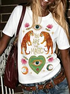 Women's 'you Are the Magic' Graphic T-Shirt, Streetwear, Bohemian Tiger Eye Print, Short Sleeve Casual Top, Loose-Fitting Daily Wear, Everyday, Fashion, Summer