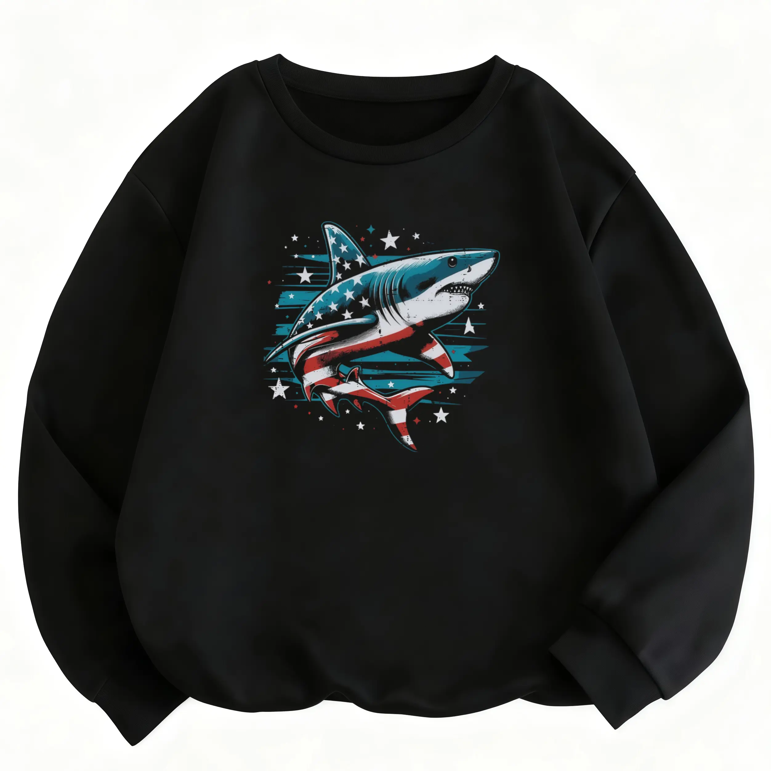 Unisex Long Sleeve Shark & American Flag Sweatshirt – Retro Style, Breathable & Comfortable, Perfect for Daily Wear and Outdoor Adventures Classic Fabrics