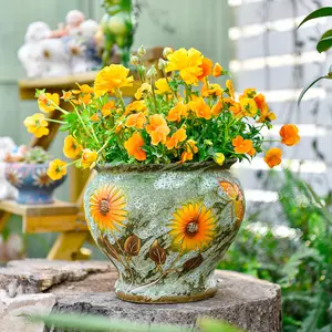 Sungmor Ceramic Hand Painted Succulent Flower Pots, 1PC 9 Inch Large Pottery Pots for Indoor Outdoor Plants, Decorative Ceramic Vase for Flower Arrangement Home Decor, Vintage Centerpieces Flowerpot