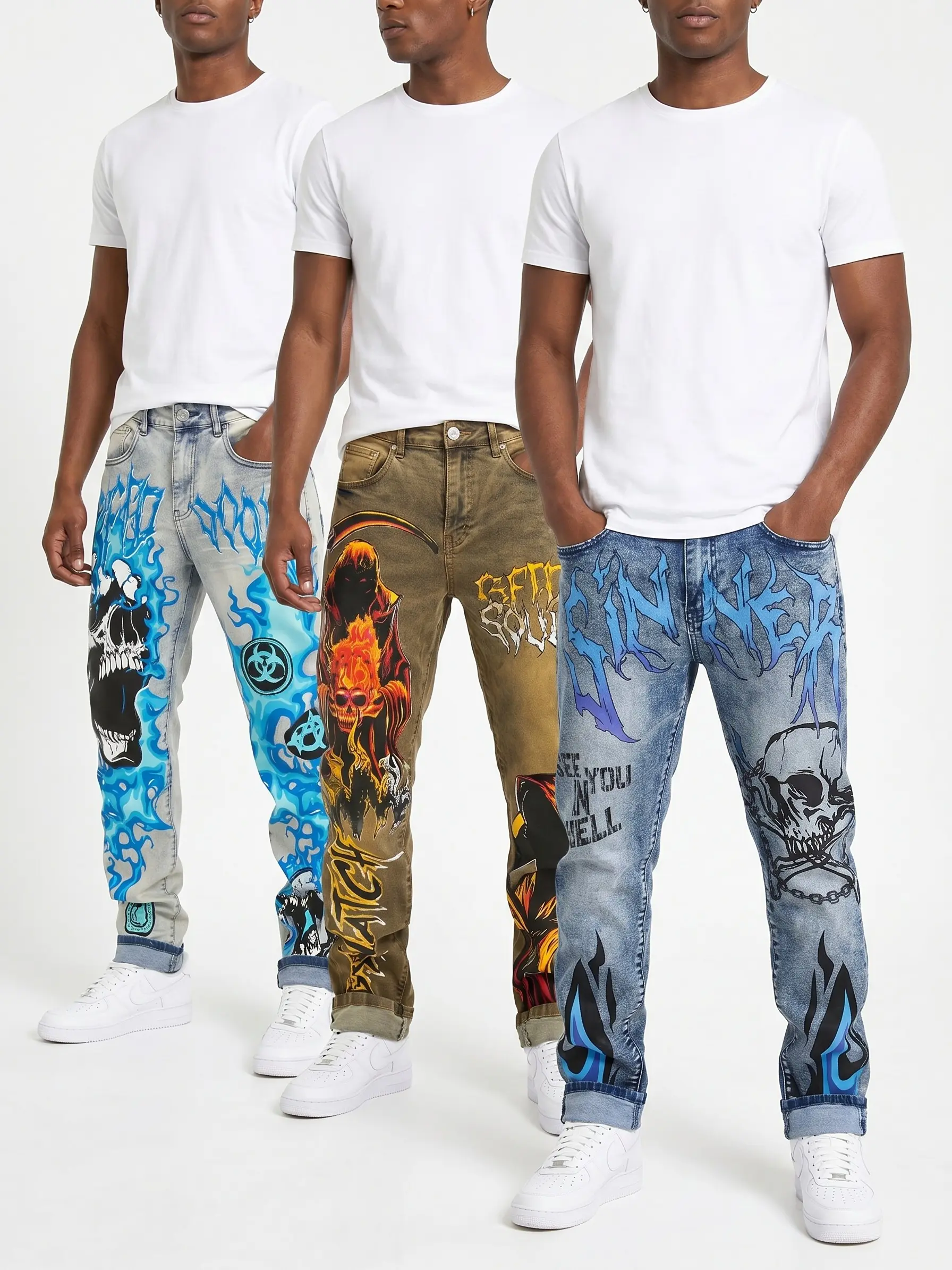 Men's Baggy Hip Hop Jeans 5 Styles Vintage Graffiti Skull Street Art Loose Fit Y2K Denim Pants Stretchy Slim-Straight Vintage-Washed Streetwear Moto Jeans Menswear Garment