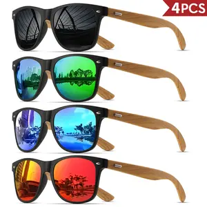 4PCS Unisex Trendy Square Sunglasses - Polarized UV400 Men's Frames, Bamboo Texture, Lightweight Rubber Build, Classic Men's Frames, Casual Wear, Holidays