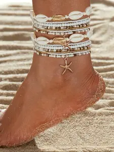Boho Style Shell & Starfish Decor Anklet, Shell And Starfish Motif, Boho Style Jewelry, Fashionable Beaded Anklet for Women & Girls, Fashionable Accessory, Casual Trendy Accessories for Party, Daily Decor for Birthday Gift, Dainty Layered Anklet