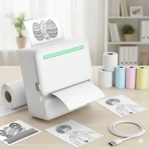 Portable Thermal Label Printer Wireless Mini Sticker Machine for iOS Android Bluetooth Mobile Phone, No Ink Needed Instant Print and Stick with 14 Rolls Thermal Paper for Study Office Home Use.