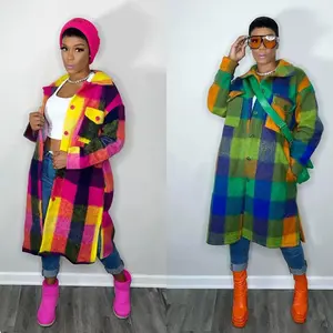 Printed plaid mid-length coat with patch pockets