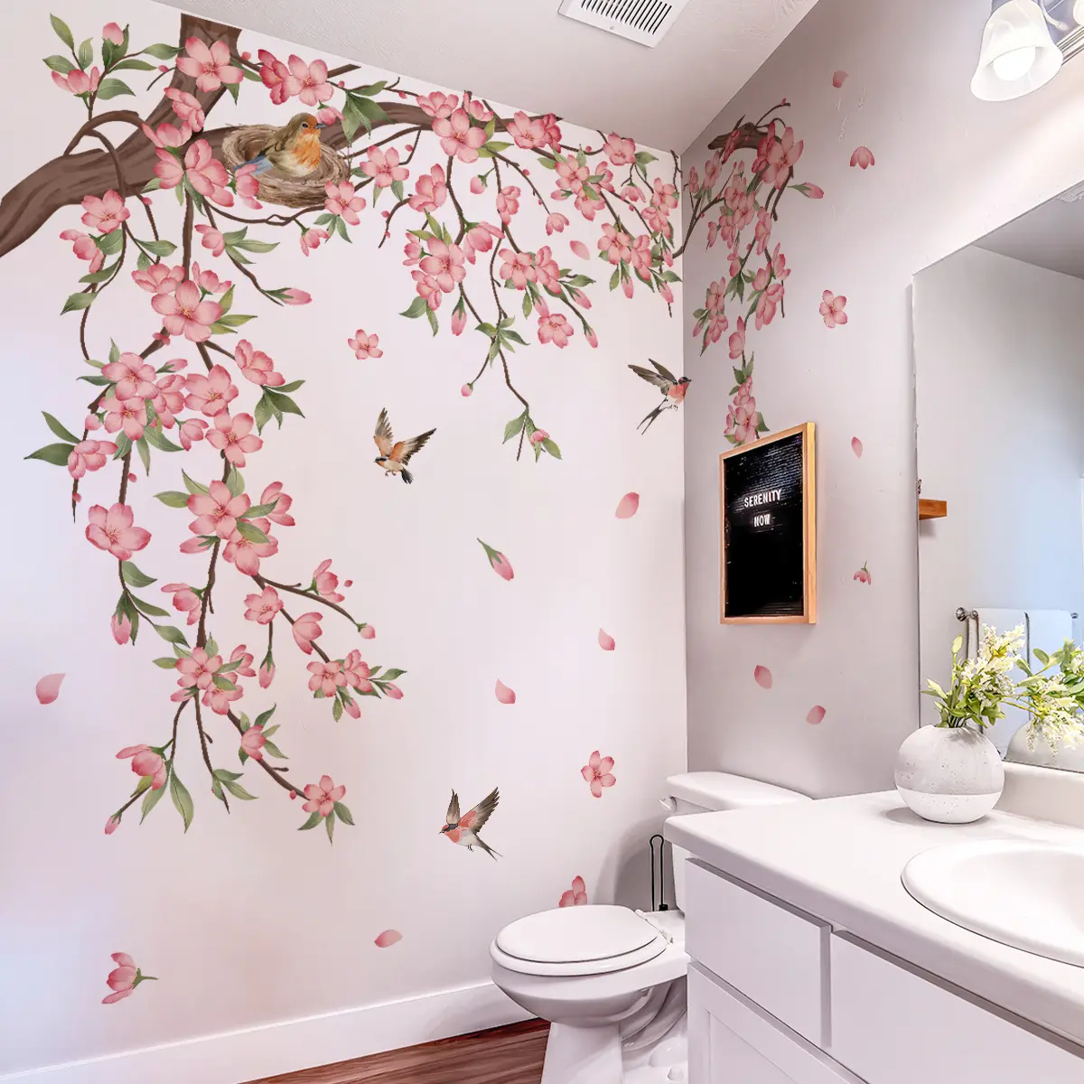 A set of 2 pieces (30*90cm*2pcs) hand-painted pink branch and flower wall stickers, suitable for living room, bedroom, bathroom, home background decoration, self-adhesive M16092-YJ, Decorative Wall Sticker, Wall Art Stickers