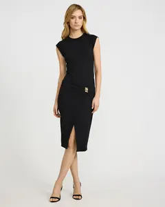 Express Crew Neck Short Sleeve Hardware Wrap Midi Sheath Dress
