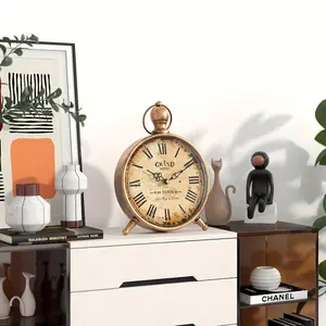 European Vintage Gold Metal Desk Clock, Silent Antique Style Table Clock for Bedroom, Office & Study Desk, Decorative Iron Desktop Home Decor