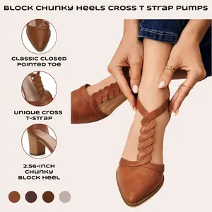 Imily Bela Womens Block Chunky Heels T Strap Dress Shoes Closed Toe Braided Stacked Heeled Sandals Pumps