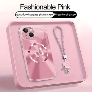 Suitable for [iPhone 13 Mini] high-end MagSafe phone case，Includes a complimentary four-leaf clover lanyard and magnetic ring.A crystal-clear butterfly print pattern.YM99