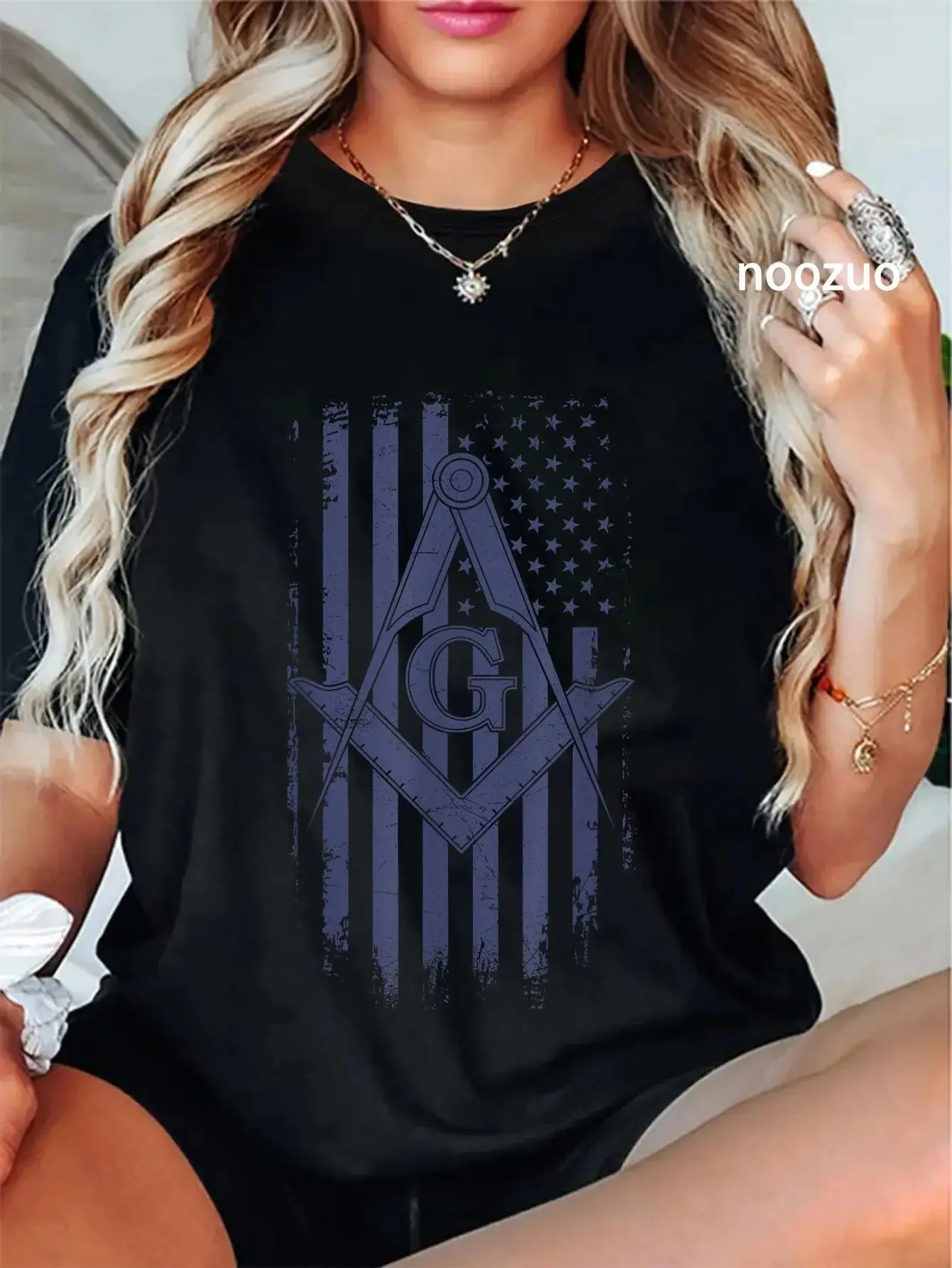 Women's 100% Cotton Short-Sleeve T-Shirt, Lady's Everyday Wear, Navy Blue Fabric with Masonic Square & Compass American Flag Design, Shortsleeve, Tshirt
