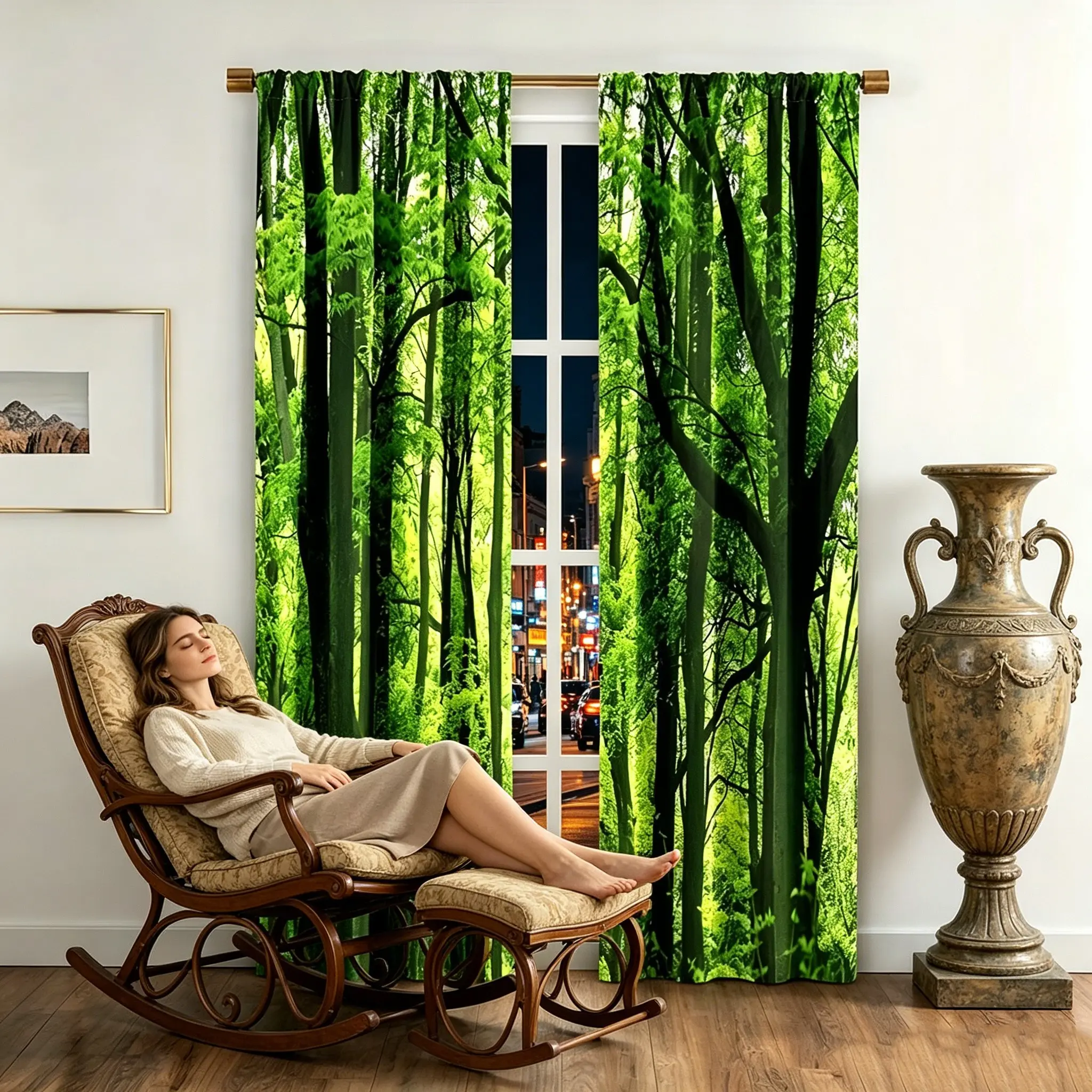 2 Piece Forest Curtains, Window Drapes, Tree Jungle Branch Natural Landscape Decor, Half Light Blocking Polyester Fabric, Living Room Home Decoration, Home Textile