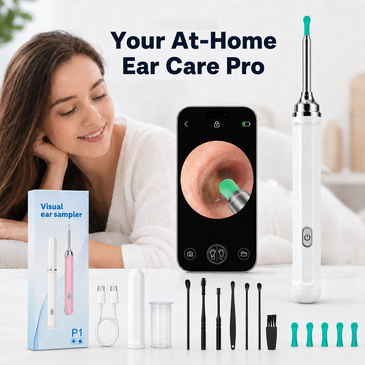 Visual  Wax Removal Tool with Camera, Visual  Cleaner Kit with App Viewing, 5MP Lens, 6 LED Lights, Hotspot Connection, Soft Silicone Tips, 7-Piece  Spoon Set for iOS & Android  ,ear hygiene, removal camera, Ear Wax Remover, earwax, clips, cotone tes