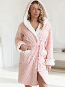 Cloud Velvet Thickened Warm Soft Hooded Bathrobe, Colorblock Adjustable Drawstring, Long Sleeve Sleepwear Loungewear, Two Pockets, Luxury Style