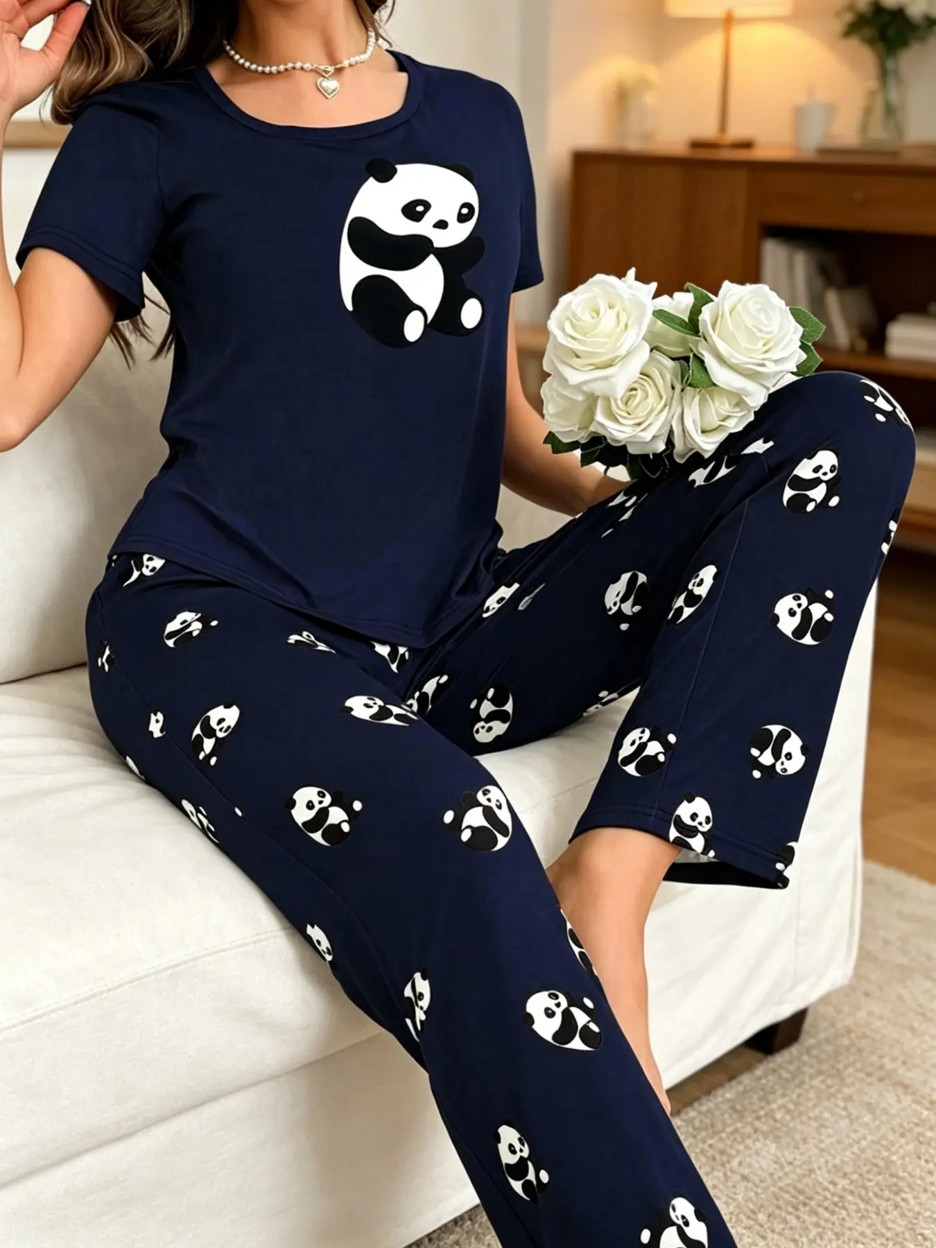 Womens Pajama Set, Pj Sets, Panda Print Cute Short Sleeve Top and Long Pants, Round Neck Loose Fit, Comfortable Nightwear, Loungewear, Pyjamas and Casual Wear, Printed Pajama Set