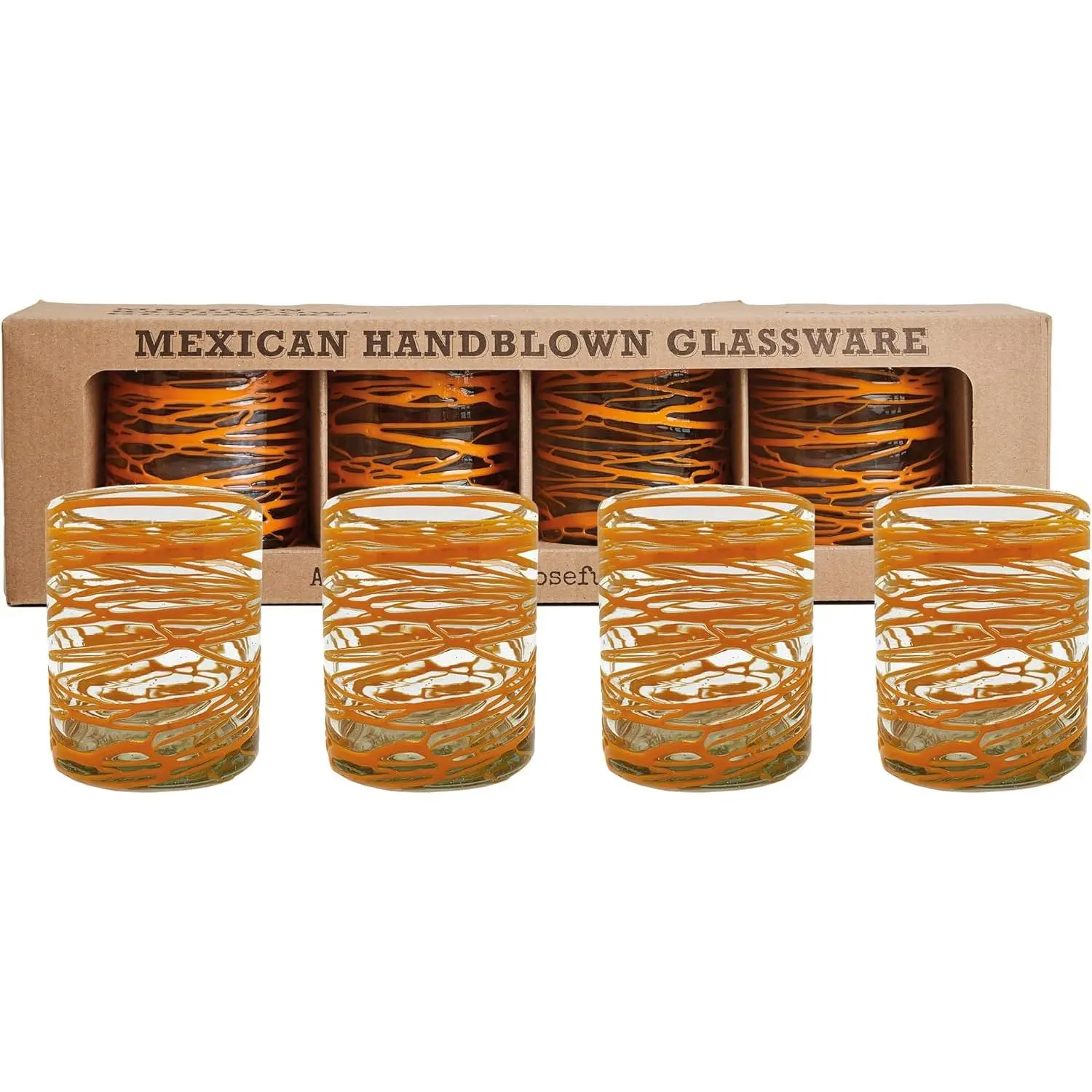 Hand Blown Glassware Drinkware Set of 4, Orange Swirl 13 oz Water Glasses, Authentic Mexican Drinkware Glass Set for Home & Festive Party Supplies