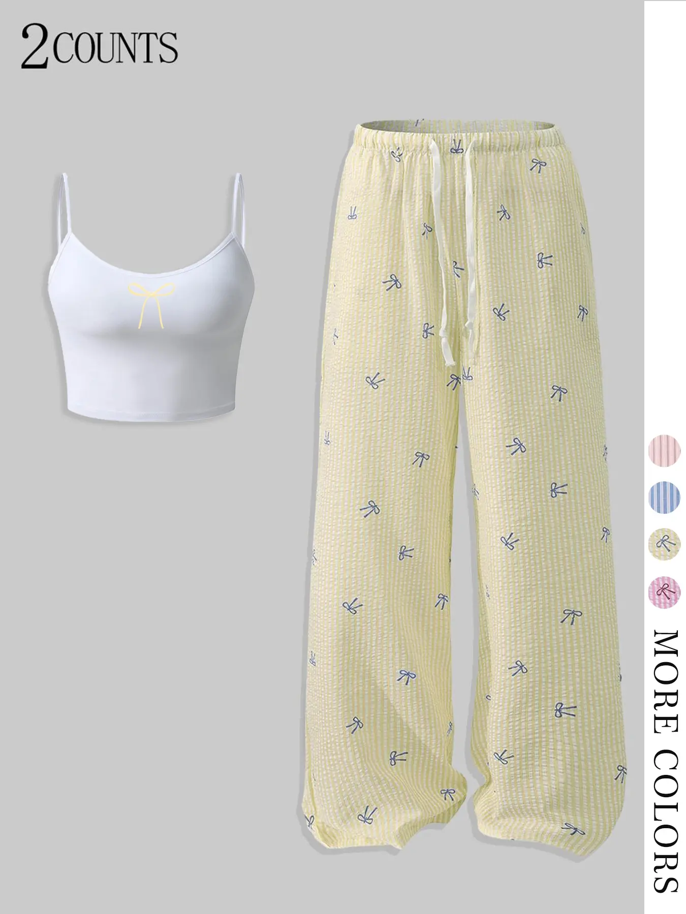 Cozy & Cute 2-Piece Loungewear Set: Soft Ribbed Pants + Bow-Accent Cami 🌸 Perfect for lazy days, sleepovers, or quick errands! Breathable fabric, stretchy waist, and mix-and-match vibes. Trendy pink stripes + sweet details Pajamas