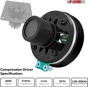 5 CORE Horn Speaker 1" Audio Tweeter Compression 200W Driver Phenolic Diaphragm 8 Ohm Screw On Throat Twist Tweeters