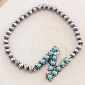 Turquoise Initial Bead Bracelet Stretch -  Beads with Turquoise Accents and Initial Charm