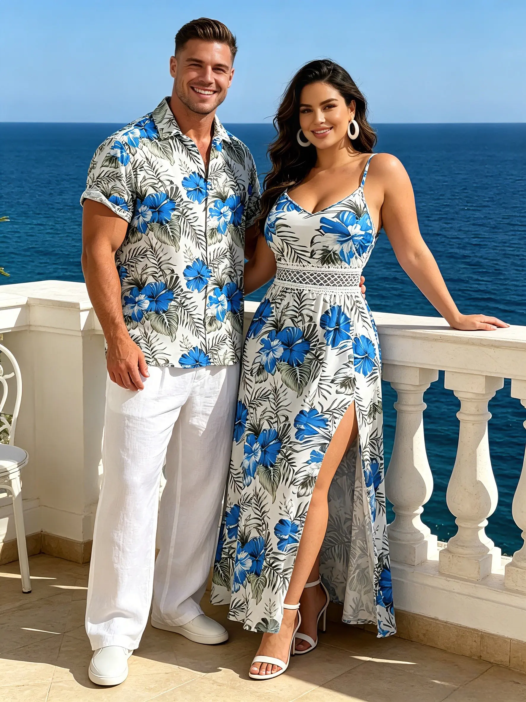 Womenswear Couple Matching Vacation Set - Hibiscus Floral Leaf Print Lace Hollow Out Maxi Dress, Short Sleeve Button Up Casual Tropical Shirt
