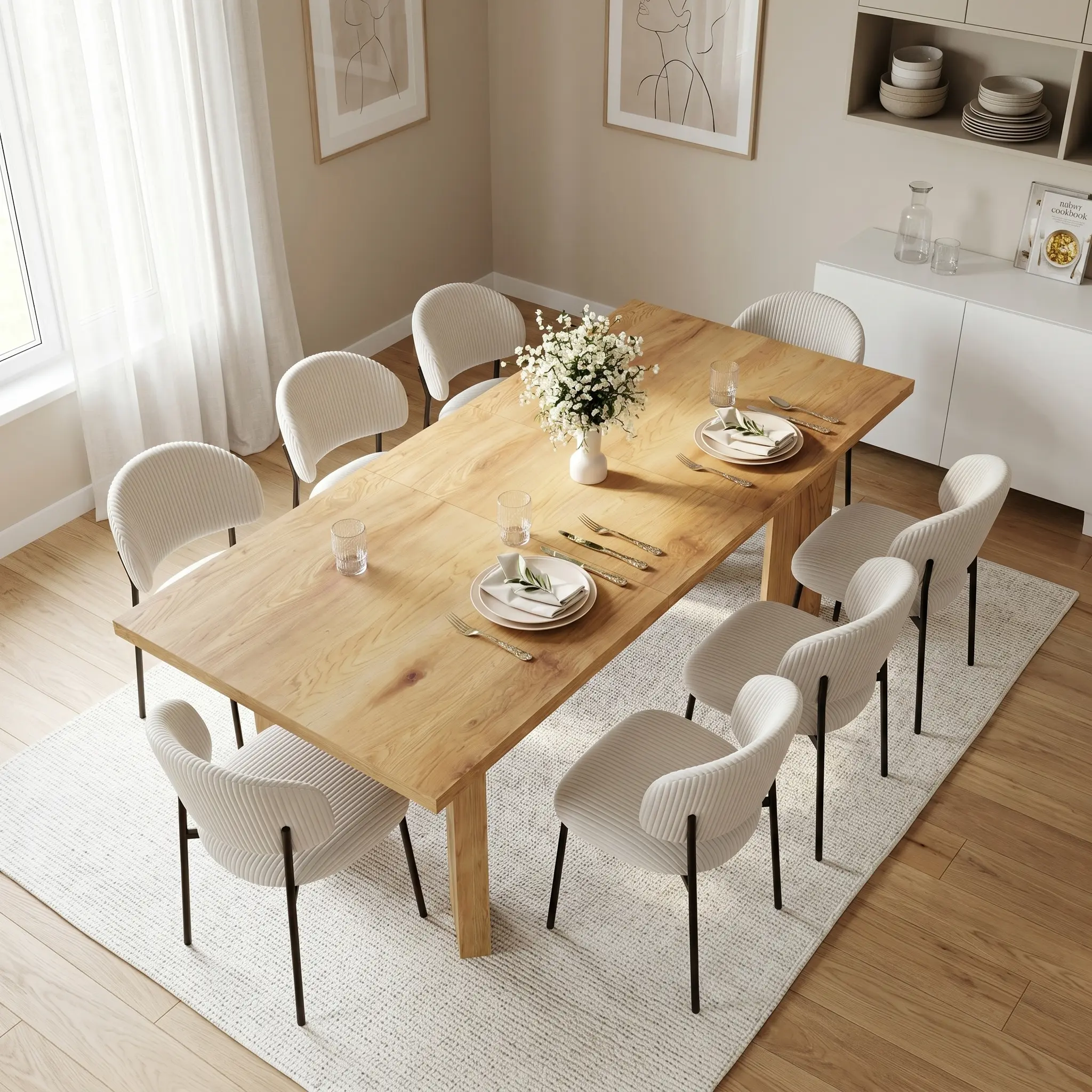 HIPIHOM 9-Piece Japandi Sturdy Natural Wood Dining Set - Oak & Cotton Oak Grain Extensible 130-170cm Table, 8 Cotton Corduroy Ergonomic Chairs, Carbon Steel Windproof Adjustable Space-Saving Minimalist Furniture for Family Dinners (Assembly Required)