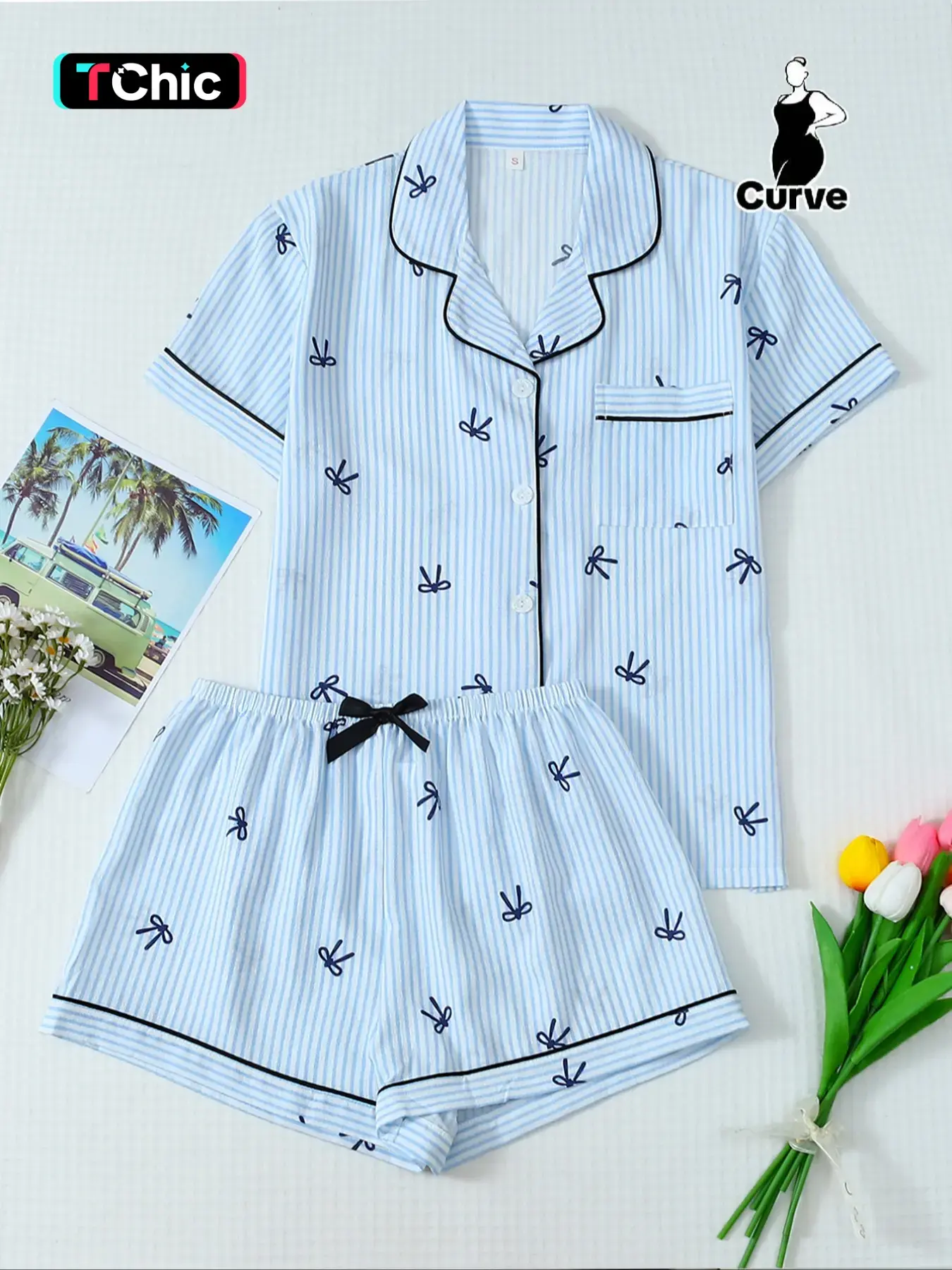 Women's Plus Size Cute Pjs, Summer Bow Print Short Sleeve Collared Top & Shorts, Casual Everyday Loungewear, Nightwear #TChic