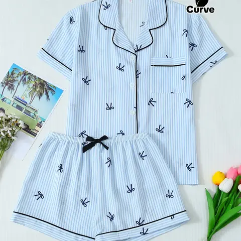 Women's Plus Size Set, Summer Mini Dot Print Short Sleeve Collared Top & Bow Shorts Casual Home Wear, Printed Sleepwear Set
